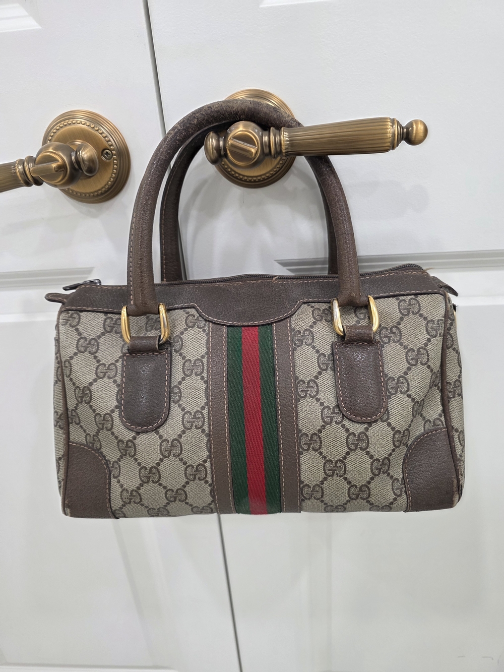 Gucci Brown GG Canvas Boston Bag with Signature Web Stripe